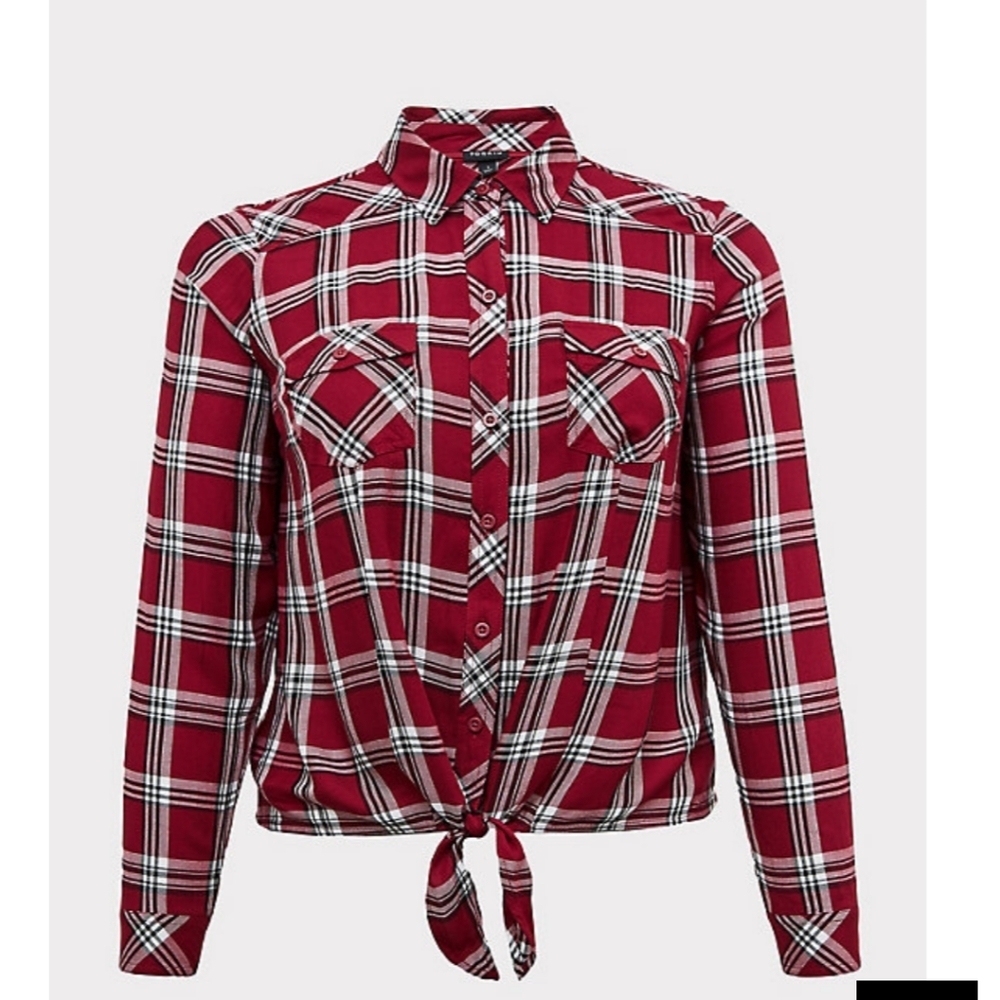 🆕 3X RED PLAID TWILL TIE FRONT SLIM FIT MIDI SHIRT